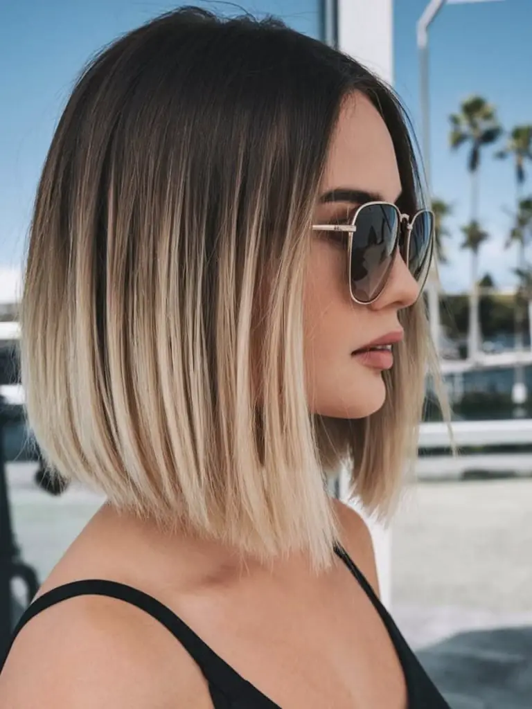 Blended Brunette to Blonde Blunt Bob