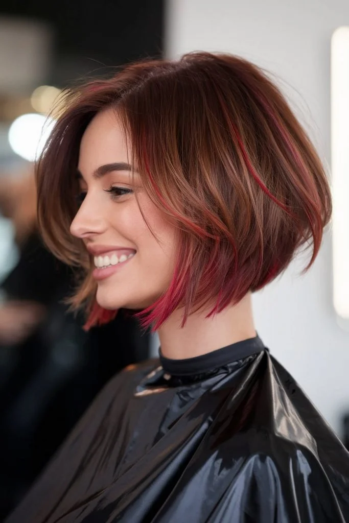 Chic Espresso Bob with Cherry Highlights