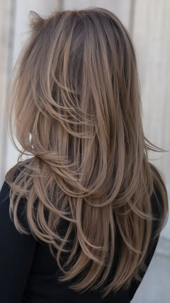 Feathered Layers in Taupe Brown Hair Color