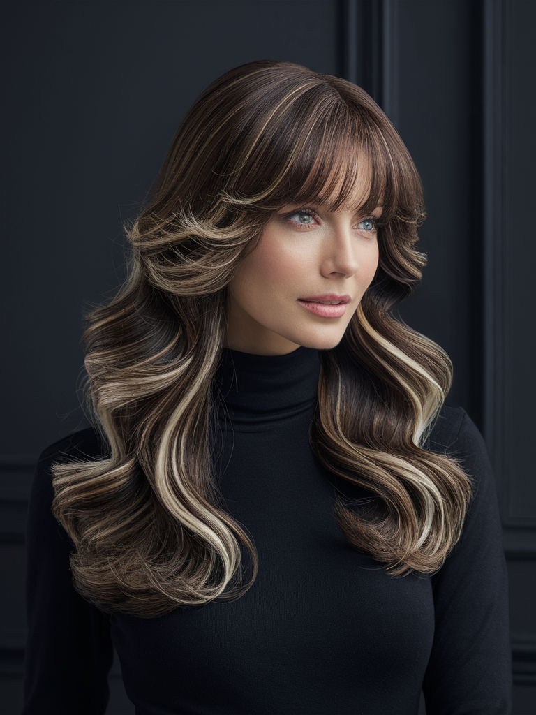 Layered Curtain Bangs with Textured Waves