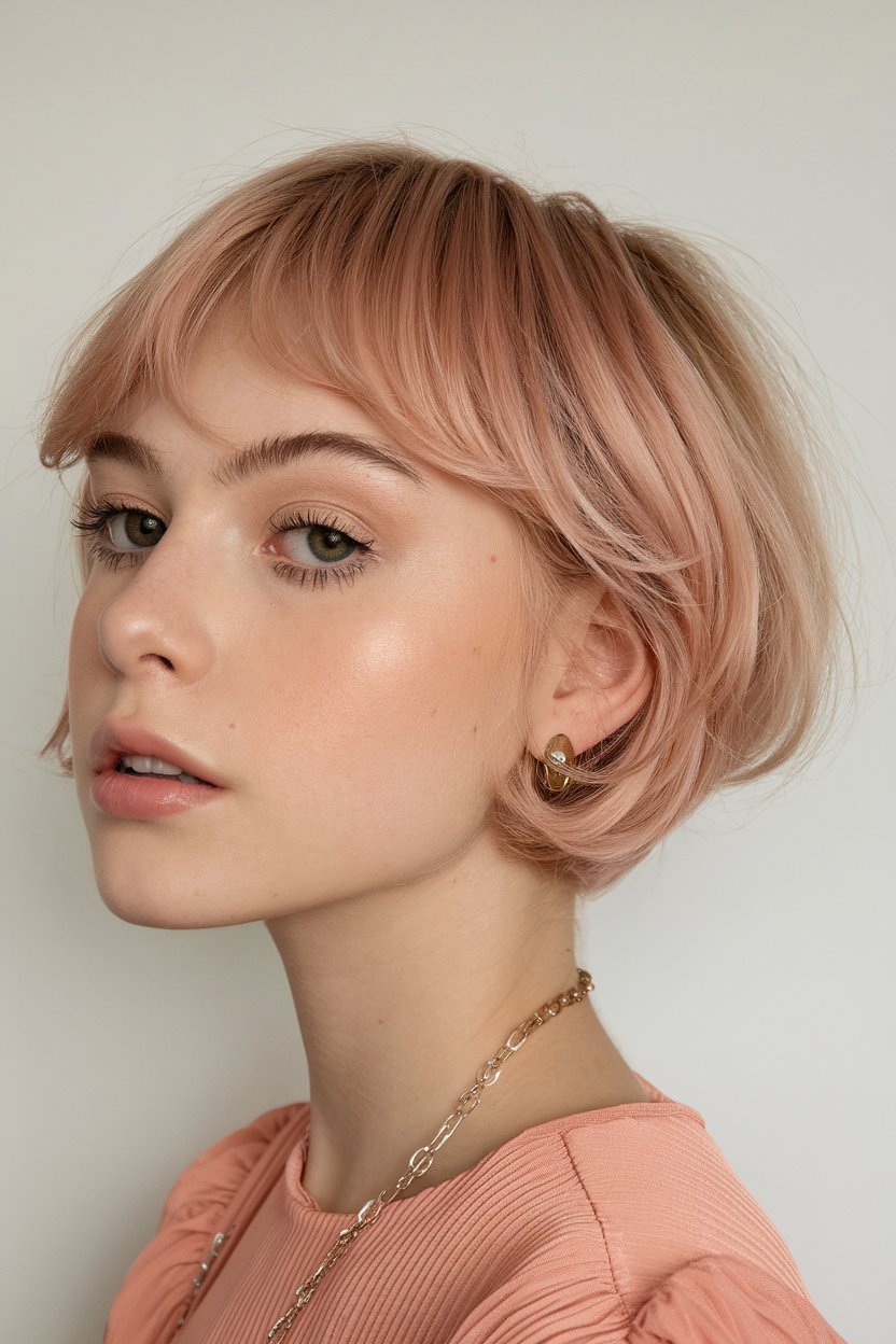 Rose Gold Bob with Baby Bangs