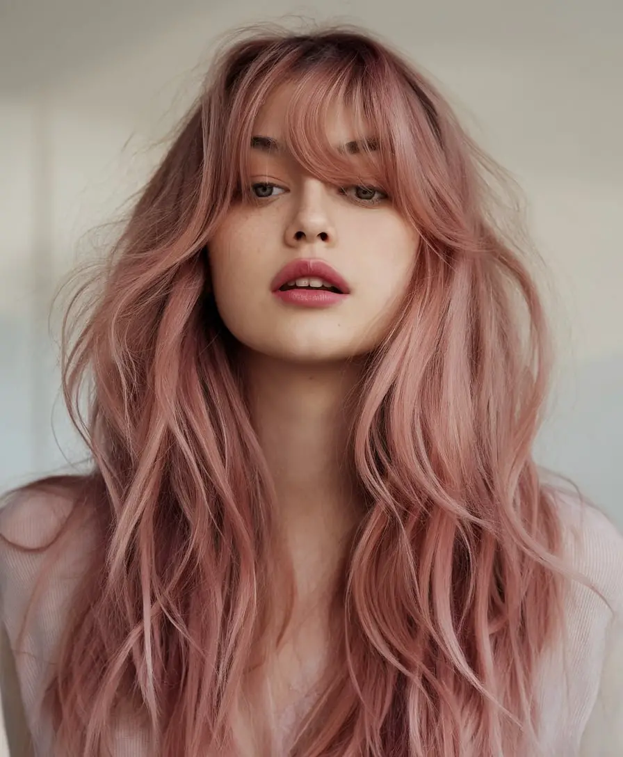 Rosy Waves with Curtain Bangs