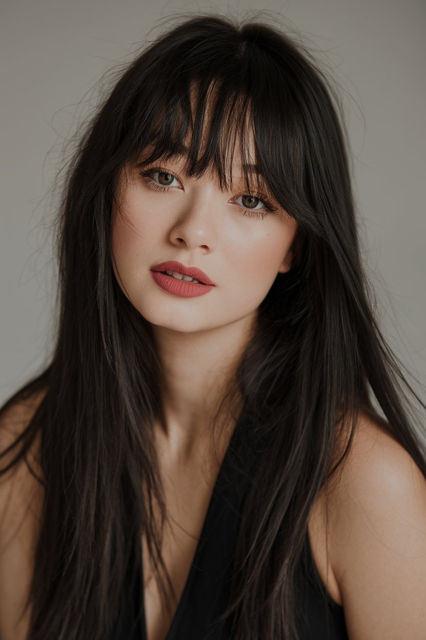 Sleek Black Layers with Bangs