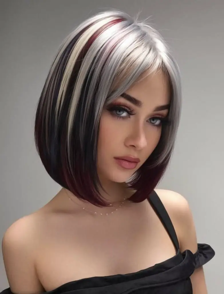 Striped Platinum Bob with Red and Black Highlights