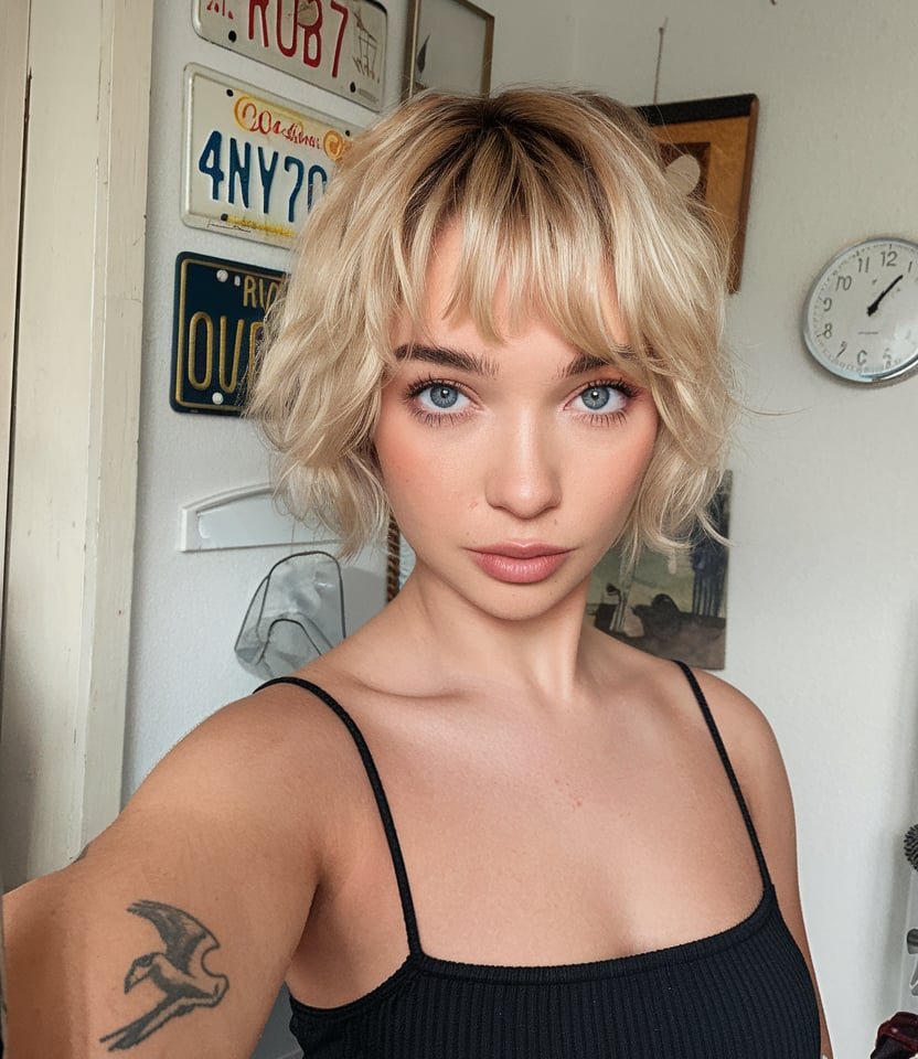 Textured Blonde Bob with Tousled Bangs