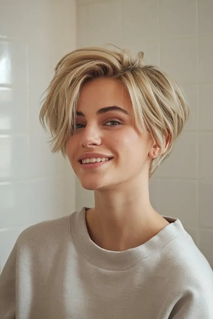 Tousled Blonde Pixie with Subtle Dimension