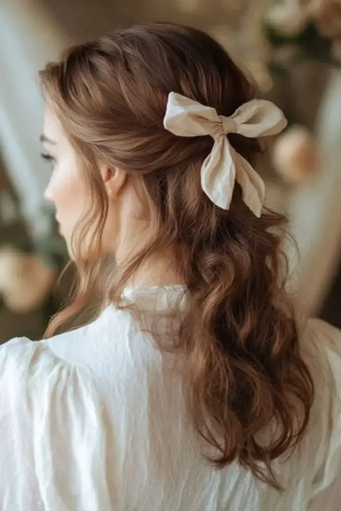 Bow-Embellished Twisted Half-Updo Hairstyle