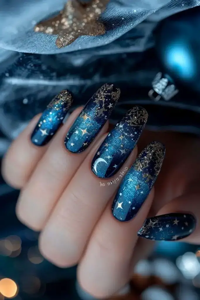 Glistening Starry Night Nail Design
