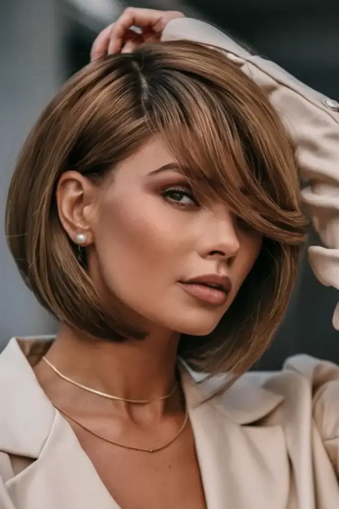 6. Angled Bob with Side-Swept Bangs